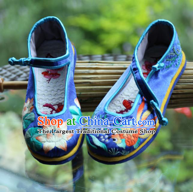 Traditional Chinese Embroidered Lotus Royalblue Shoes Handmade Hanfu Shoes Ancient Princess Satin Shoes for Women