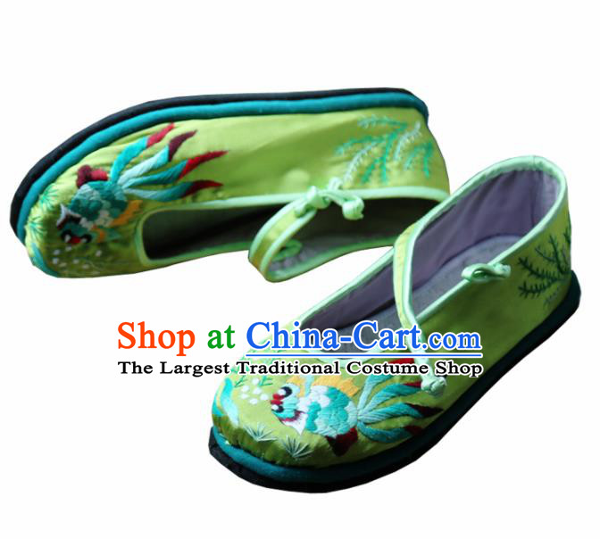 Traditional Chinese Embroidered Lotus Green Shoes Handmade Hanfu Shoes Ancient Princess Satin Shoes for Women