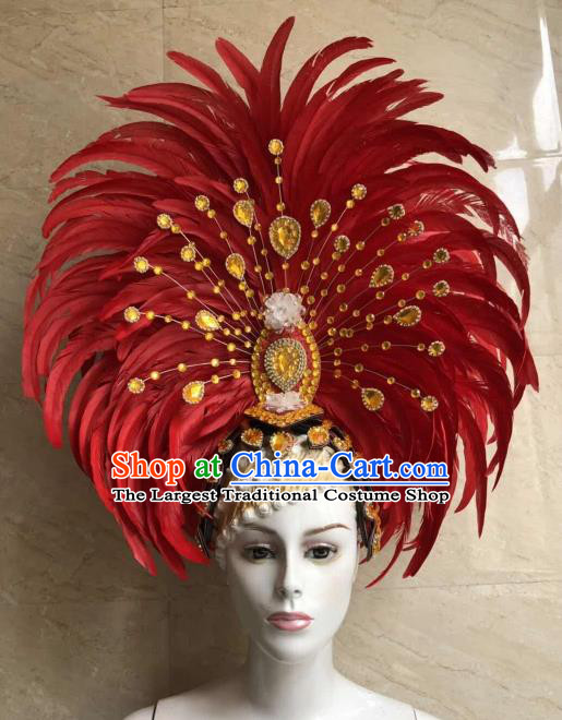 Customized Halloween Cosplay Red Feather Hair Accessories Brazil Parade Samba Dance Giant Headpiece for Women