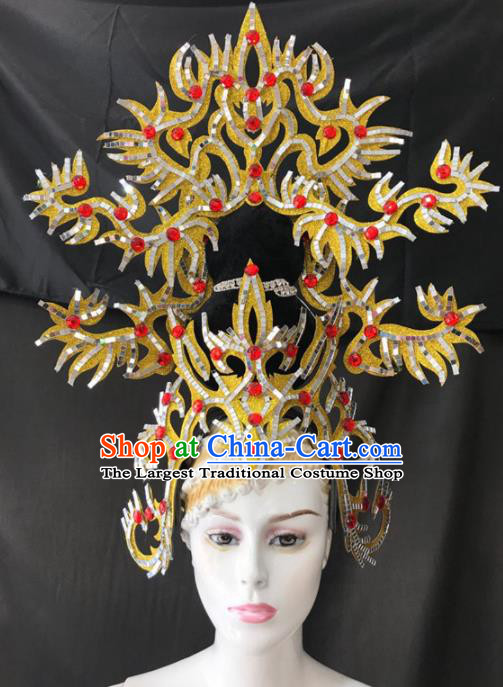 Customized Halloween Cosplay Golden Hair Accessories Brazil Parade Samba Dance Giant Headpiece for Women