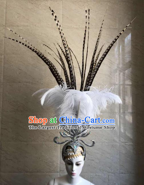 Customized Halloween Carnival White Feather Hair Accessories Brazil Parade Samba Dance Giant Headpiece for Women