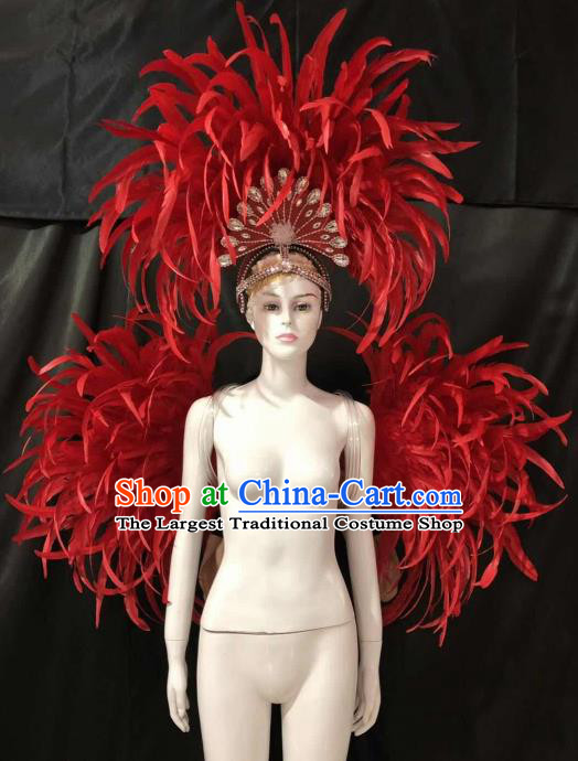Customized Halloween Samba Dance Red Feather Props Brazil Parade Backboard and Giant Headpiece for Women