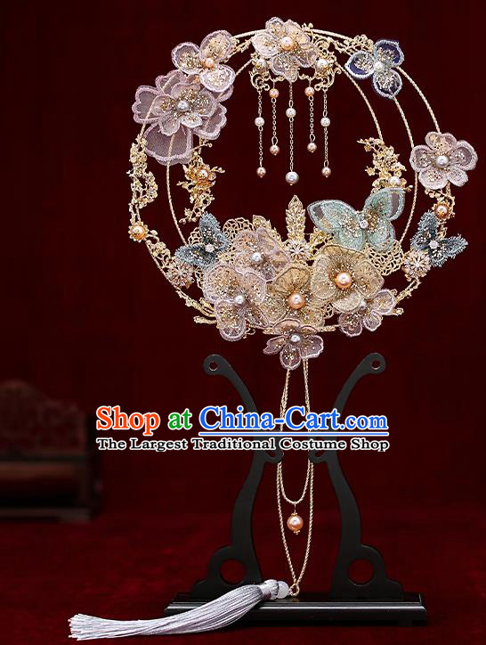 Chinese Traditional Wedding Prop Lace Flowers Palace Fans Ancient Bride Round Fan for Women