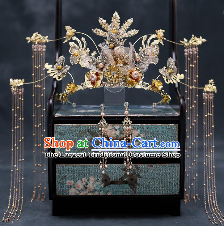 Top Chinese Traditional Golden Tassel Phoenix Coronet Wedding Bride Handmade Hairpins Hair Accessories Complete Set