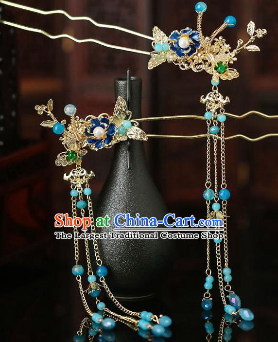 Top Chinese Traditional Blueing Flower Hair Clip Handmade Hanfu Hairpins Hair Accessories for Women
