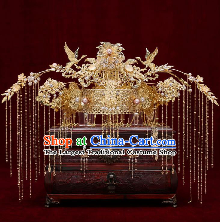 Top Chinese Traditional Bride Golden Crane Tassel Phoenix Coronet Handmade Wedding Tassel Hairpins Hair Accessories Complete Set