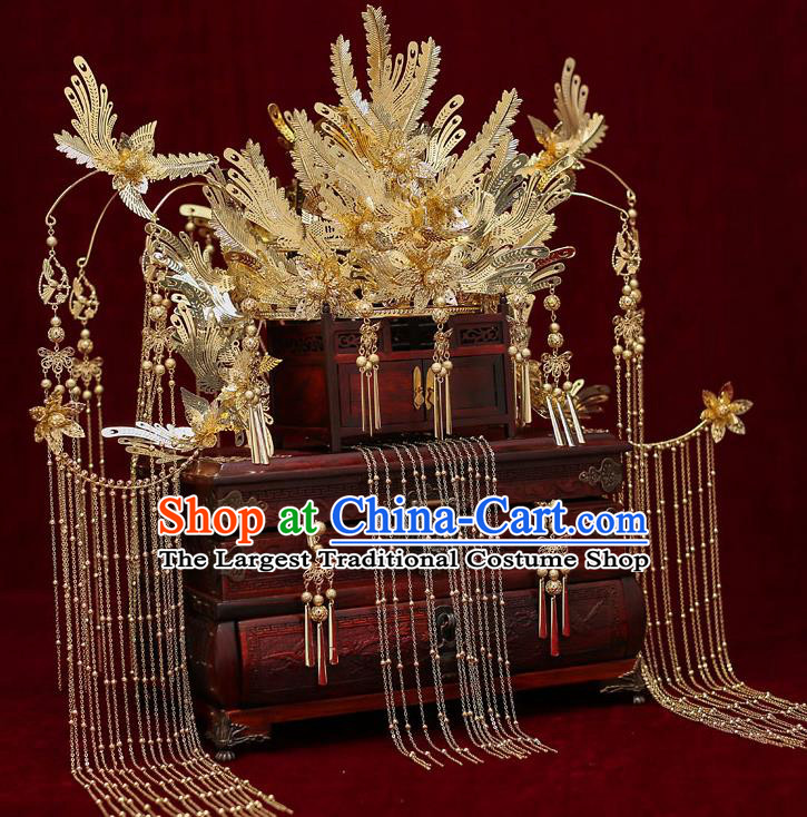 Top Chinese Traditional Court Bride Golden Tassel Phoenix Coronet Handmade Wedding Tassel Hairpins Hair Accessories Complete Set