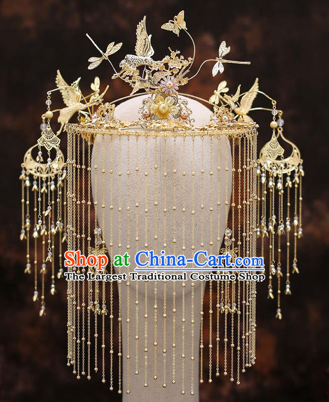 Top Chinese Traditional Bride Tassel Golden Cranes Hair Crown Handmade Hairpins Wedding Hair Accessories Complete Set
