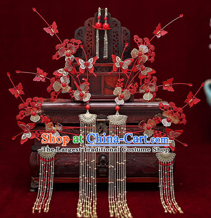 Top Chinese Traditional Bride Red Pine Butterfly Hair Comb Handmade Hairpins Wedding Hair Accessories Complete Set