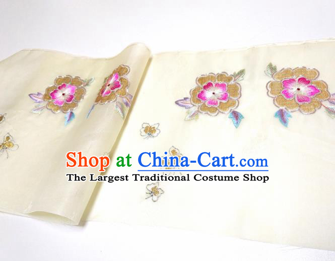 Asian Chinese Traditional Embroidered Flowers Pattern Design Beige Silk Fabric China Hanfu Silk Material