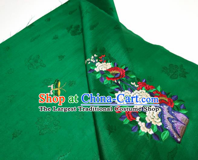 Asian Chinese Traditional Embroidered Peony Butterfly Pattern Design Green Silk Fabric China Hanfu Silk Material