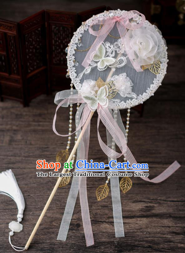 Chinese Traditional Wedding Prop Pink Silk Bowknot Round Fan Ancient Bride Palace Fans for Women