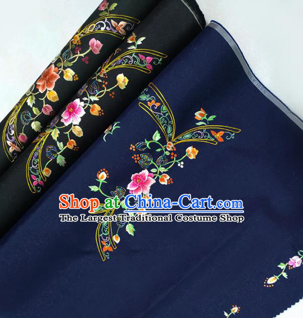 Chinese Traditional Embroidered Flowers Pattern Design Navy Silk Fabric Asian China Hanfu Silk Material