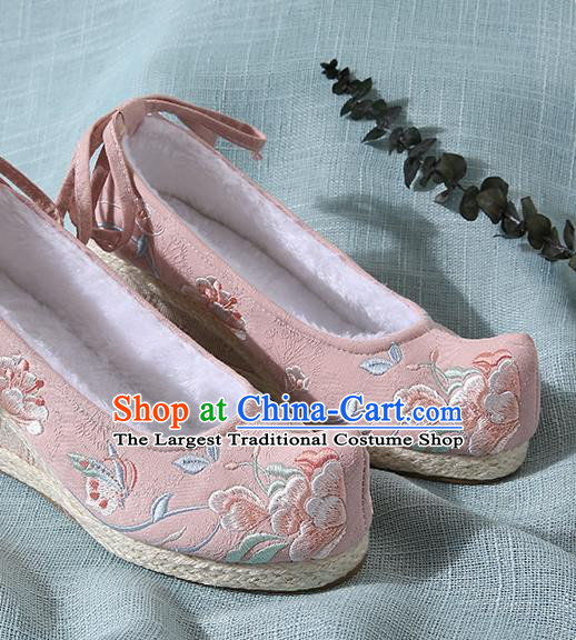 Chinese Handmade Embroidered Winter Pink High Heels Shoes Traditional Ming Dynasty Hanfu Shoes Princess Shoes for Women