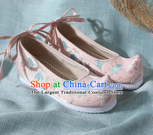 Chinese Handmade Embroidered Twine Flower Pink Bow Shoes Traditional Ming Dynasty Hanfu Shoes Princess Shoes for Women