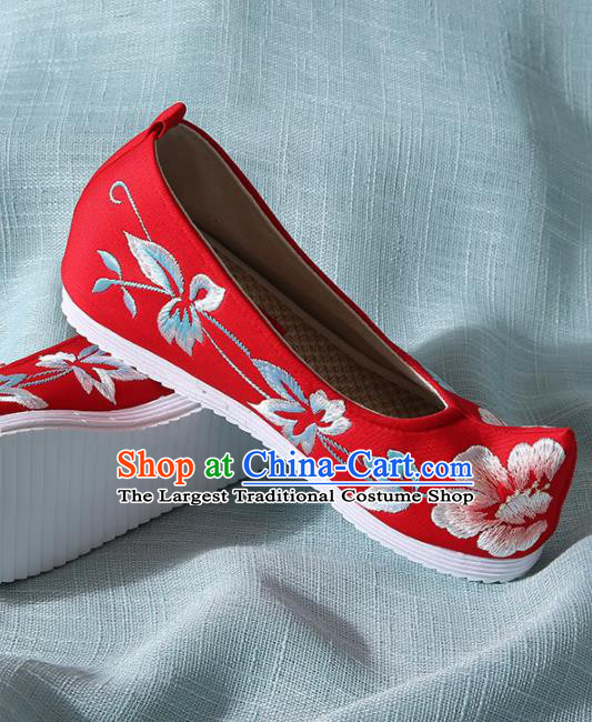 Chinese Handmade Embroidered Peony Red Bow Shoes Traditional Ming Dynasty Hanfu Shoes Princess Shoes for Women