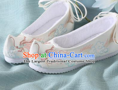Chinese Handmade Embroidered Dragon Beige Bow Shoes Traditional Ming Dynasty Hanfu Shoes Princess Shoes for Women