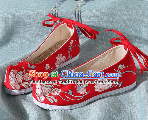 Chinese Handmade Embroidered Peony Butterfly Red Bow Shoes Traditional Ming Dynasty Hanfu Shoes Princess Shoes for Women
