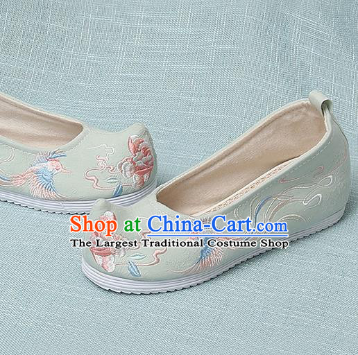Chinese Handmade Embroidered Bird Peony Light Green Bow Shoes Traditional Ming Dynasty Hanfu Shoes Princess Shoes for Women