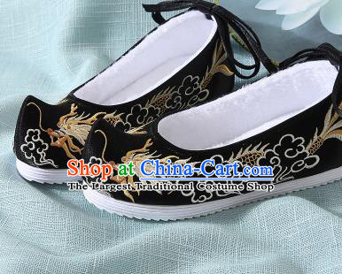 Chinese Handmade Embroidered Dragon Black Bow Shoes Traditional Ming Dynasty Hanfu Shoes Princess Shoes for Women