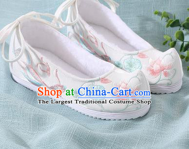 Chinese Handmade Embroidered Lotus Fish White Bow Shoes Traditional Ming Dynasty Hanfu Shoes Princess Shoes for Women