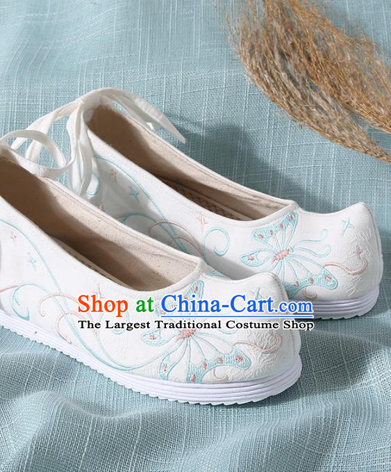 Chinese Handmade Embroidered Butterfly White Bow Shoes Traditional Ming Dynasty Hanfu Shoes Princess Shoes for Women