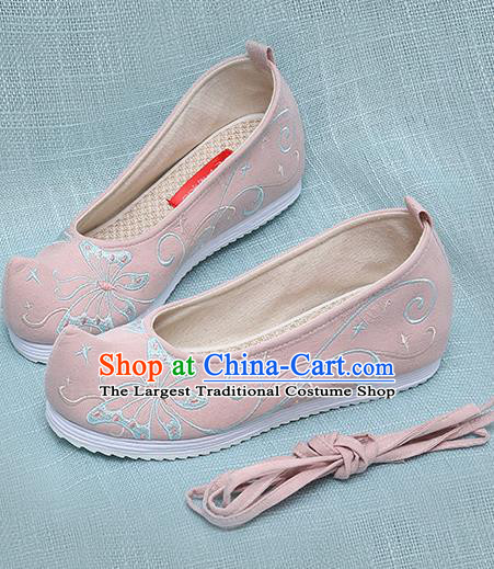 Chinese Handmade Embroidered Butterfly Pink Bow Shoes Traditional Ming Dynasty Hanfu Shoes Princess Shoes for Women