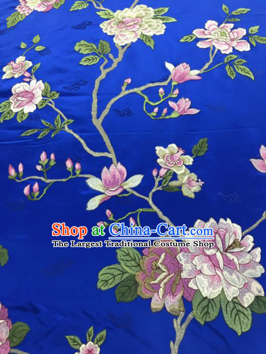 Chinese Traditional Embroidered Yulan Magnolia Pattern Design Royalblue Silk Fabric Asian China Hanfu Silk Material