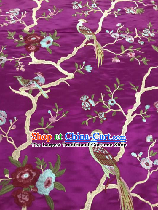 Chinese Traditional Embroidered Begonia Birds Pattern Design Purple Silk Fabric Asian China Hanfu Silk Material