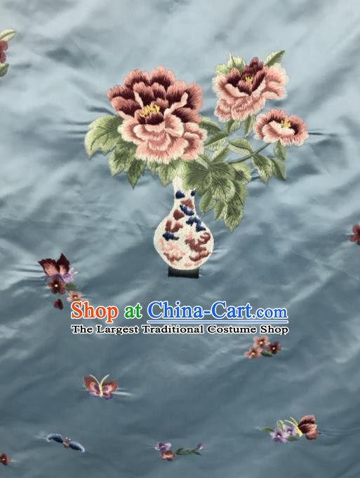 Chinese Traditional Embroidered Peony Vase Pattern Design Blue Silk Fabric Asian China Hanfu Silk Material