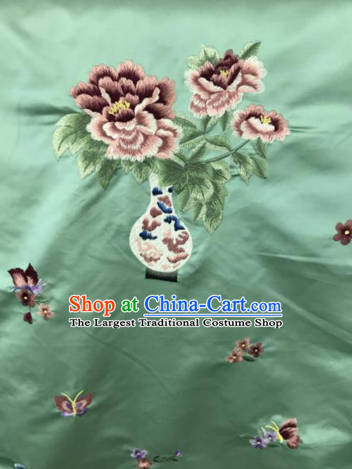 Chinese Traditional Embroidered Peony Vase Pattern Design Green Silk Fabric Asian China Hanfu Silk Material