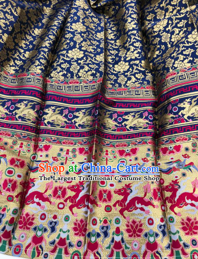 Chinese Traditional Kylin Pattern Design Navy Brocade Fabric Asian China Satin Hanfu Material