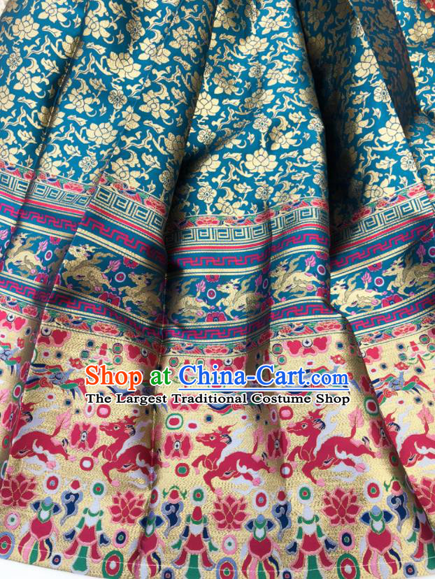 Chinese Traditional Kylin Pattern Design Blue Brocade Fabric Asian China Satin Hanfu Material