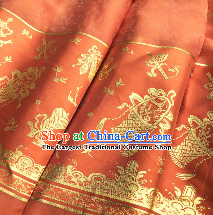 Chinese Traditional Eight Immortals Pattern Design Orange Brocade Fabric Asian China Satin Hanfu Material