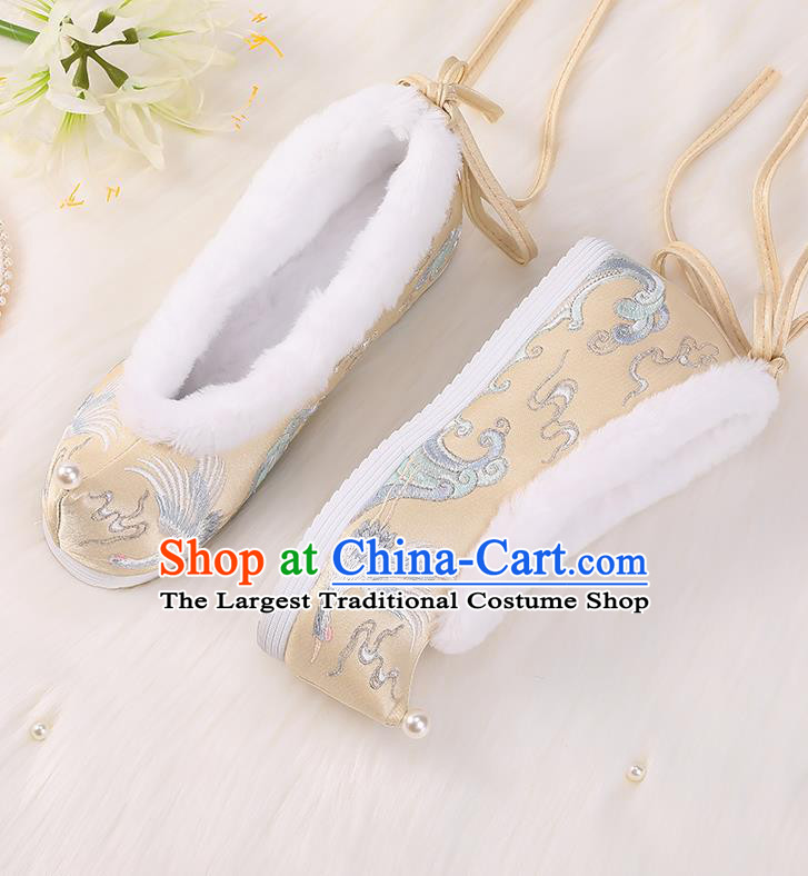 Asian Chinese Winter Shoes Embroidered Crane Golden Shoes Traditional Opera Shoes Hanfu Shoes for Women
