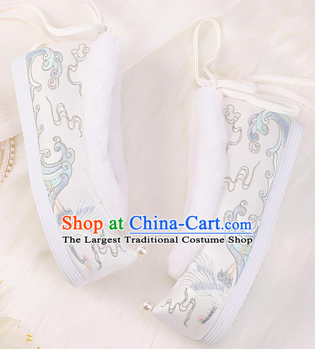 Asian Chinese Winter Shoes Embroidered Crane White Shoes Traditional Opera Shoes Hanfu Shoes for Women
