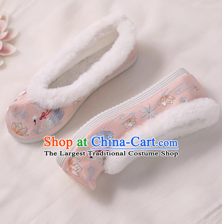 Asian Chinese Winter Pink Bow Shoes Embroidered Swan Shoes Traditional Opera Shoes Hanfu Shoes for Women