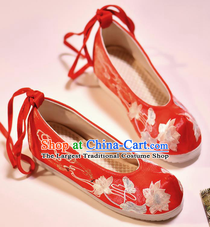 Asian Chinese Embroidered Fish Lotus Red Shoes Hanfu Shoes Traditional Opera Shoes Princess Shoes for Women