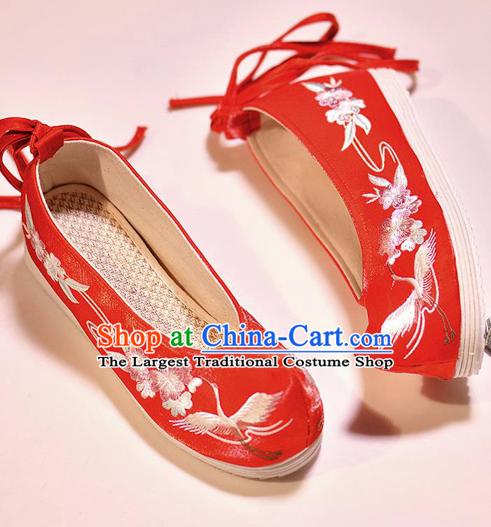 Asian Chinese Embroidered Crane Flowers Red Shoes Hanfu Shoes Traditional Opera Shoes Princess Shoes for Women