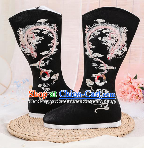 Asian Chinese Winter Embroidered Dragon Black Boots Traditional Opera Boots Hanfu Shoes for Women
