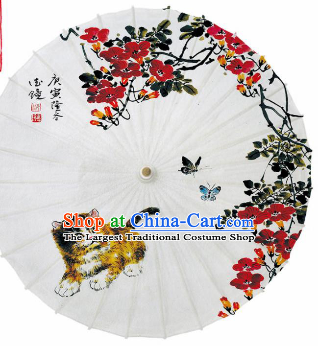 Chinese Traditional Printing Cat Flowers Oil Paper Umbrella Artware Paper Umbrella Classical Dance Umbrella Handmade Umbrellas