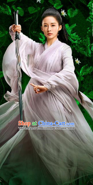 Chinese Film Jade Dynasty Ancient Female Swordsman Taoist Nun Lu Xueqi Replica Costumes and Headpiece for Women