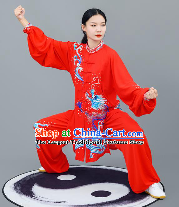 Chinese Traditional Tai Chi Training Embroidered Dragon Red Costumes Martial Arts Performance Outfits for Women