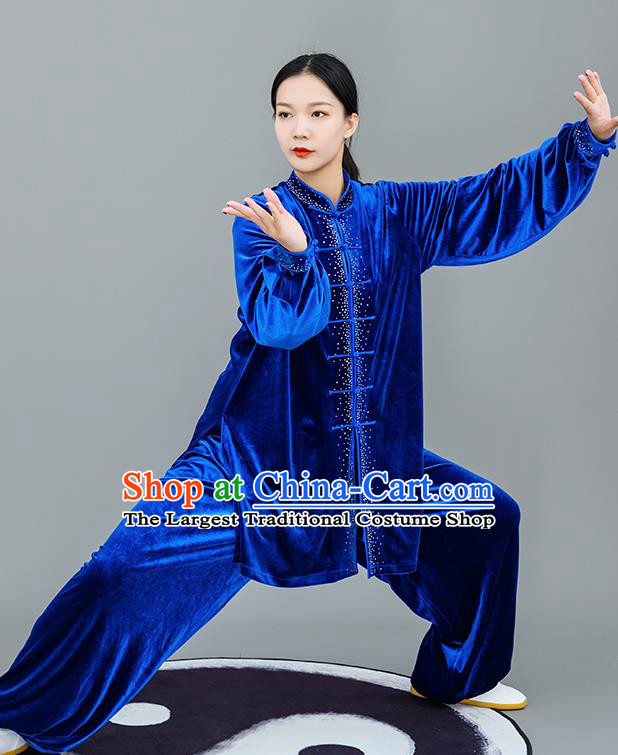 Chinese Traditional Tai Chi Training Royalblue Velvet Costumes Martial Arts Performance Outfits for Women