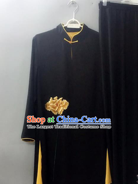 Chinese Traditional Tai Chi Training Embroidered Yellow Peony Velvet Costumes Martial Arts Performance Outfits for Women