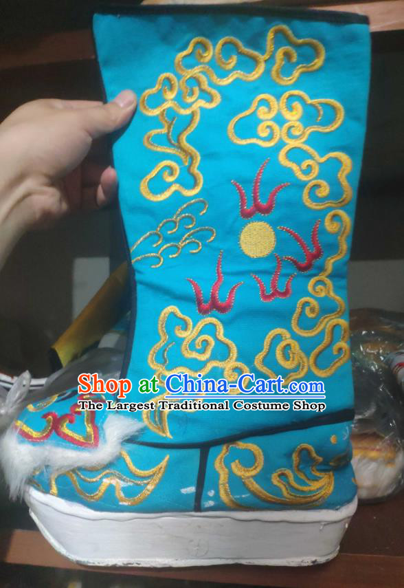 Chinese Traditional Beijing Opera Blue Embroidered Dragon Boots Peking Opera Takefu Shoes for Men
