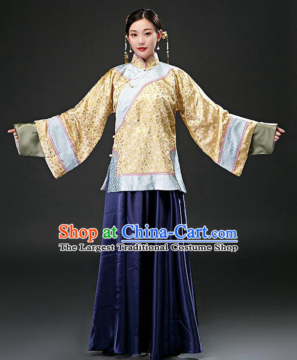 Chinese Ancient Qing Dynasty Patrician Yellow Blouse and Navy Skirt Traditional Nobility Concubine Costumes for Women