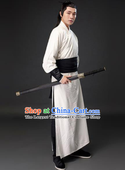 Chinese Ancient Swordsman White Clothing Traditional Three Kingdoms Period Sun Quan Costumes for Men