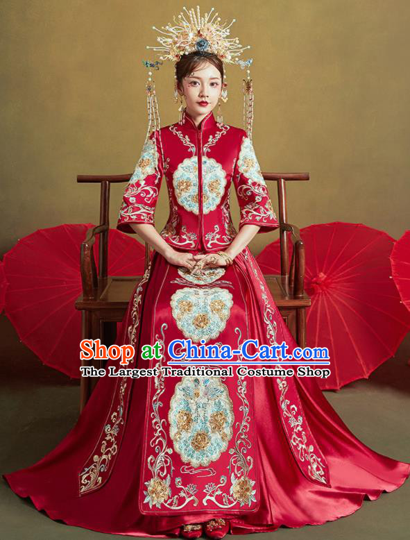 Chinese Traditional Wedding Embroidered Peony Xiu He Suit Red Blouse and Dress Ancient Bride Costumes for Women