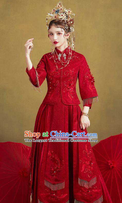 Chinese Traditional Embroidered Wedding Purplish Red Xiu He Suit Blouse and Dress Ancient Bride Costumes for Women